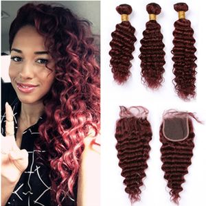 Wholesale wavy front hair resale online - Deep Wave Peruvian Burgundy Human Hair Wefts with Closure J Wine Red Deep Wavy Human Hair Lace Front Closure x4 with Weave Bundles