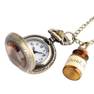 Vintage Creative Drink Me Glass Bottle Pocket Watches Quartz Analog Watch for Women Lady Girl Clock Halsband Pendant Chain Gift300q