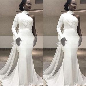 Afrikansk Ny Billiga Vit En Shouder Aftonklänningar Slitage För Kvinnor Hög Neck Långärmad Golvlängd Chiffon Formell Prom Dress Party Gowns