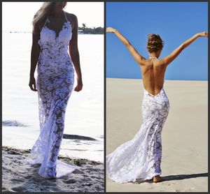 Sexig 2023 New Sea Beach Full spetshölje Bröllopsklänningar Halter Bröllopsklänningar Vita applikationer Öppna baksida See Through Bridal Gowns 133