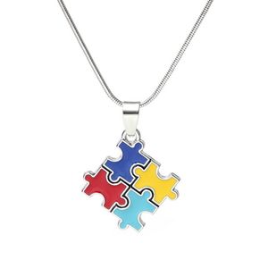 Puzzle Pendant Necklaces Women Men Cross Classic Square Design Colorful Enamel Red Blue Autistic Unisex Gift Jewelry with Silver Snake Chain