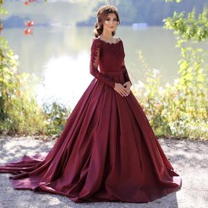 Wholesale burgundy red dresses resale online - 2020 New Ball Gown Burgundy Satin Wedding Dresses Long Sleeves Lace Appliques Vintage Non White bridal Gowns Arabic Bridal Dark Red Dress