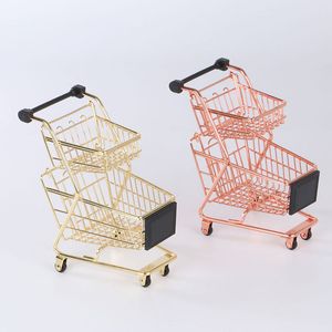 Mini carrello della spesa a doppio strato, metallo, ferro, oro rosa, carrello del supermercato, tavolo da scrivania, cestino portaoggetti per articoli vari