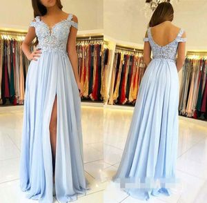 2020 dij hoge spleet lichtblauwe bruidsmeisje bruiloft jurken koude schouder kralen kant gedrapeerde chiffon lange formele jurk avondkleding