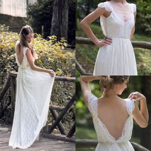 2019 Fildişi Bohem Backless V Neck Beach Gelinlikleri Boho Narin Dantel Gelinlik Vestido de Noiva 0513