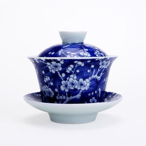 Vintage gaiwan azul e branco flor de ameixa chá turee porcelana café tigela de chá drinkware fazendo chá preto café