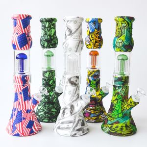 12.5" Silicone Beaker Bong Recycler Bubbler 6 Arms Hookahs Dab Rig with glass bowl smoke pipe water pipe for wholesale