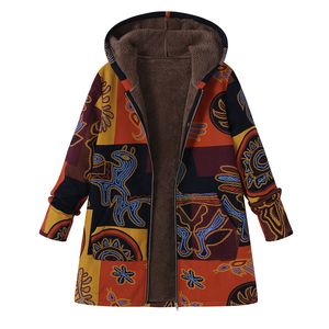 2018プラスサイズザンジー冬秋長袖基本的なアウター女性レトロなフード付き民族印刷されたフェイクふわふわの薄いコートジャケット