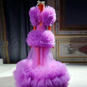Purple See Through Evening Dresses Tutu Ruffles Tiered Sexy Prom Dress Illusion Deep V Neck vestidos de fiesta largos Dubai Gowns