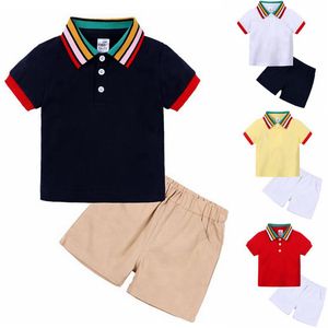 طفل صبي مجموعة ملابس بيبي بوي مخطط الياقة قمصان شورتات الصلبة مجموعات 2PCS مصمم تتسابق الصيف أطفال ملابس أطفال DW5290