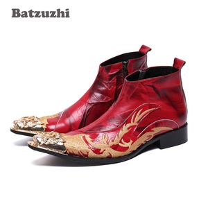 Batzuzhi İtalyan Tarzı Erkek Ayakkabı Çizmeler Sivri Demir Toe Deri Ayak Bileği Çizmeler Erkekler Kırmızı Düğün ve Parti Ayakkabı Çizmeler Bota Masculina