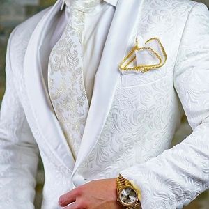 Smoking da sposo con stampa cachemire bianco con un bottone di alta qualità, scialle con risvolto, groomsmen, abiti da uomo, blazer (giacca + pantaloni + cravatta) W: 715 CJ191128