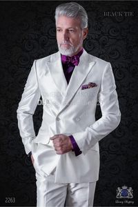 Design popolare doppio petto bianco smoking dello sposo da sposa picco bavero groomsmen uomo giacca da pranzo abiti (giacca + pantaloni + cravatta) NO: 1710