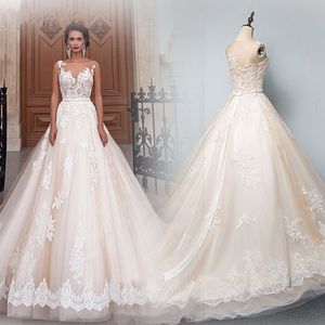 2019 Luxury A-line Wedding Dresses Crystal Beads Sequins Applique Lace Sheer Neckline See Though Back Ribbon Bridal Gowns Party Dress Plus