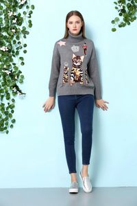 Fashion- High End Gray Cat Jacquard Pullover Women Brand Same Style Beads Crystals Knitting Women's Sweaters Runway Style Sweaters 062414