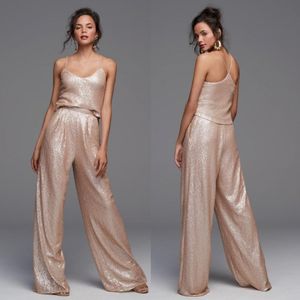 Gold Sequined Jumpsuit dama de honra vestidos de dois pedaços vestido de convidado de casamento com bolsos comprimento do chão calça suits plus size empregada de vestidos de honra