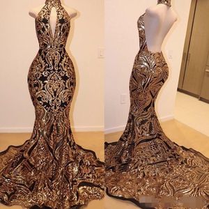 Designer Gold Mermaid Evening Dresses Halter Keyhole Neck Sleeveless Sexy Backless Sweep Train Custom Made Prom Party Ball Gown