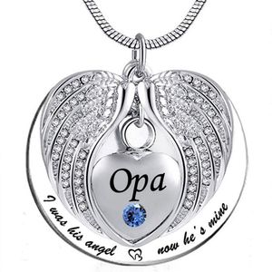 Unisex Angel Wing Birthstone Memorial Keepsake Ashes Urn Pendant Necklace 'i used to be his angle, now he's mine'- Opa