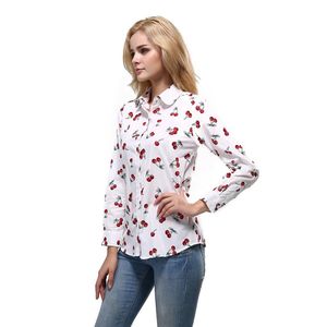 Weißes und dunkelblaues Hemd für Damen, Sommer, lässig, niedlich, Obst-Kirsch-Druck, Langarm-Shirts