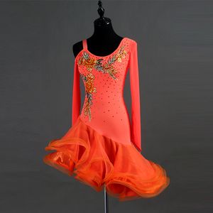 Custom Orange Embroidery Latin Dance dress Women Lady Competition tassel Dress Ballroom Cha Cha Salsa Rumba Dancewear For Dancer S-XXL