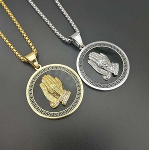 Hip hop zircon Men Jewelry Praying Hands And Bible Necklace With Wheat Chain For Men 18K Gold Plated/Stainless Steel