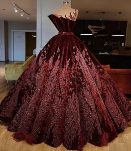 Luxury Burgundy Prom Dresses With Beads Sequins Floor Length Lace Appliqued Feather Evening Dress 2019 Velvet Party Gowns Reception Wear