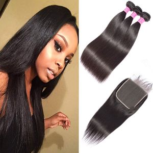 Indian Virgin Human Hair Extensions 3 Bundles With 6X6 Lace Closure Baby Hair Wefts With Closure Straight 10-30inch