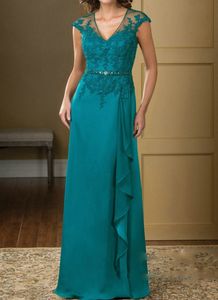 Turquoise A-Line Evening Dresses V Neck Lace Appliques Chiffon Mother Of The Bride Dresses Custom Mother Beads Godmother Gowns DH1119