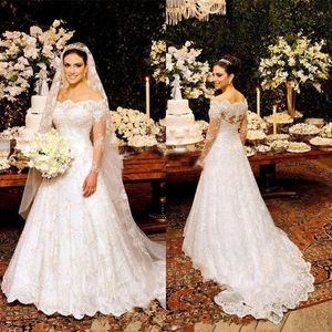 Trendige 2018 schiere Langarm-Hochzeitskleider, indische, schulterfreier Ausschnitt, A-Linie, Reißverschluss hinten, Spitze, arabische Brautkleider