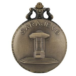 Retro Bronze Sarajevo Sapele Pavilion Fountain Display Pocket Watch Men Women Quartz Timepiece Souvenir Necklace Chain Clock Gifts