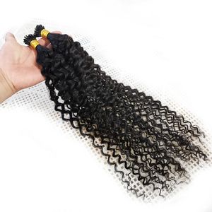 I Tip Extensões de cabelo humano Cabelo Kinky Curly 100strands Pré Bonded indiano Remy extensões de cabelo natural preto Vendas direto da fábrica