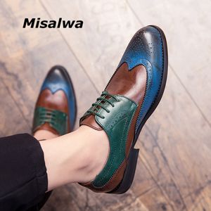 Misalwa Full Brogue Men Casual Dress Shoes Blue Patchwork CONTRAST Color Oxford PU Leather Formal Shoes Party Gentleman British
