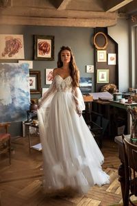 Elegant Bohemia Lace Beach Wedding Dresses sheer illusion Crew 2020 Long Sleeves Off The Shoulder Boho Wedding Bridal Gowns Robe De Mariee