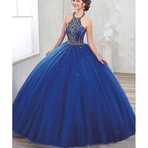 New Golden Beaded Halter Prom Dresses Ball Gown Backless Lace Up Puffy Skirt Girls Pageant Party Dress Formal Women Evening Dresses