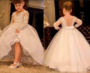New Cheap Ball Gown Flower Girls Dresses Sheer Neck Lace Appliques Tulle Beaded Open Back With Bow Birthday Party Girls Pageant Gowns