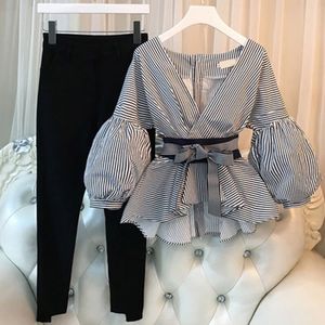 Plus Size Casual Women Lantern Sleeve Shirts 2 Pieces Sets Elegant Ladies Striped Pants Suit New Tops And Split Pencil Pant Suit MX190809