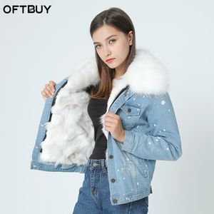 brand autumn winter jacket coat women Holes Denim jacket real large raccoon fur collar and real Fox fur thick warm Liner