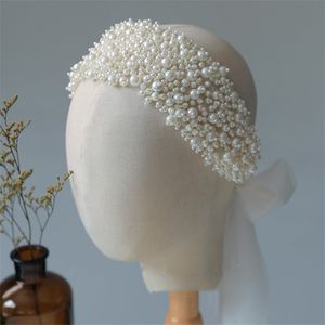 Bridal Full Pearls Headband Hairband Korean Yarn White Headpiece Wedding Hair Accessories Jewelry Princess Headdress Party Prom Headwear