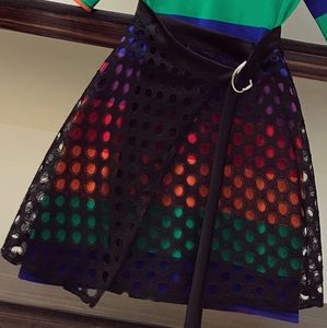 Wholesale-M-4XL 2019 New Fashion Summer Women's Colorful Stripes Long T-shirt + Hollow Lace Skirt 2 Pieces Student Girls Casual Skirt Set