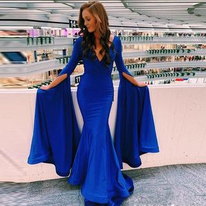 Cheap Royal Blue Mermaid Evening Dresses V Neck Long Sleeve Pleat Prom Gowns Custom Made Satin Special Occasion Party Dresses Long Z123