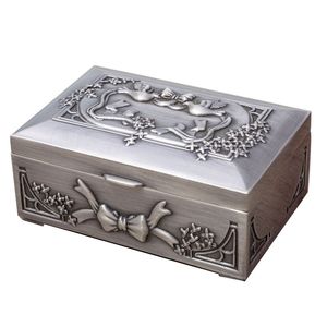 European Classic Rectangle Metal Jewelry Storage Box with Carved Bowknot and Birds Antique Silver Zinc Alloy Trinket Case Wedding Favors