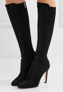 Italian Desiree Lace up Black Suede Leather Knee Boots Women Stiletto Fashion Sexy Boot High Heels Lady Fashion Slim Thigh High Boots