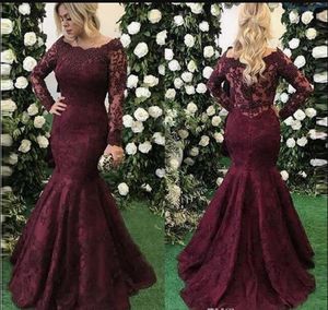 2019 Elegant Burgundy Mermaid Prom Dresses Long Sleeves scallop Boat Neck Lace Appliques Women Formal Wear Gala Dress Evening Gowns