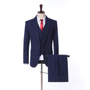 New Arrival Two Buttons Navy Blue Plaid Wedding Groom Tuxedos Notch Lapel Groomsmen Men Suits Prom Blazer (Jacket+Pants+Vest+Tie) W32