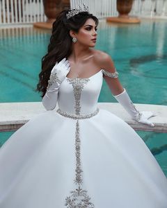 Ball Gown Plus Size Wedding Dresses Off Shoulder Sleeveless Beads Satin A Line Wedding Dress Sweep Train Vestidos De Novia1646