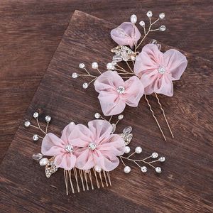 Vintage Women Elegant Pink Flower Handmade Hair Comb Hairpin Set Bridal Wedding Hair Jewelry Headband Accessories