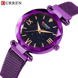 New Curren Luxury Women Watches Mesh Ladies Clock Magnet Buckle Starry Diamond Geometric Surface Casual Dress Quartz Wristwatch Y19062402