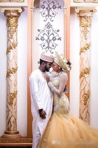 African Nigerian Styles Gold Mermaid Wedding Dresses With Long Sleeves Beaded Sweep Train Plus Size Bridal Party Gowns Vestidos De2661