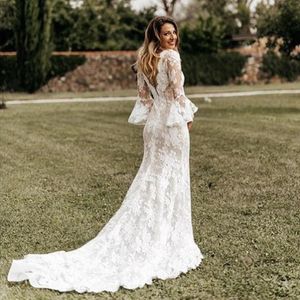 Stylish Bohemian Mermaid Lace Wedding Dresses V Neck Long Sleeves Bridal Gowns Sweep Train Plus Size Front Split Boho Vestido De Novia 407