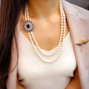 Women's jewelry 8-9mm 70-80cm micro inlaid zircon blue accessories white rice freshwater pearl necklace